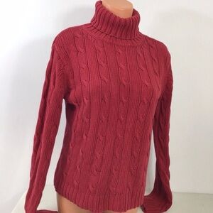 Women's Cable Knit Turtleneck Sweater - Red 100% Cotton